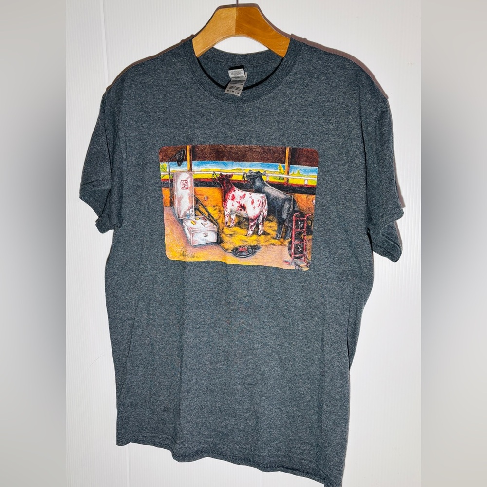 Western Graphic T-Shirt Ranch Cow Art Tee Men’s Medium Gray Short Sleeve - Picture 2 of 4